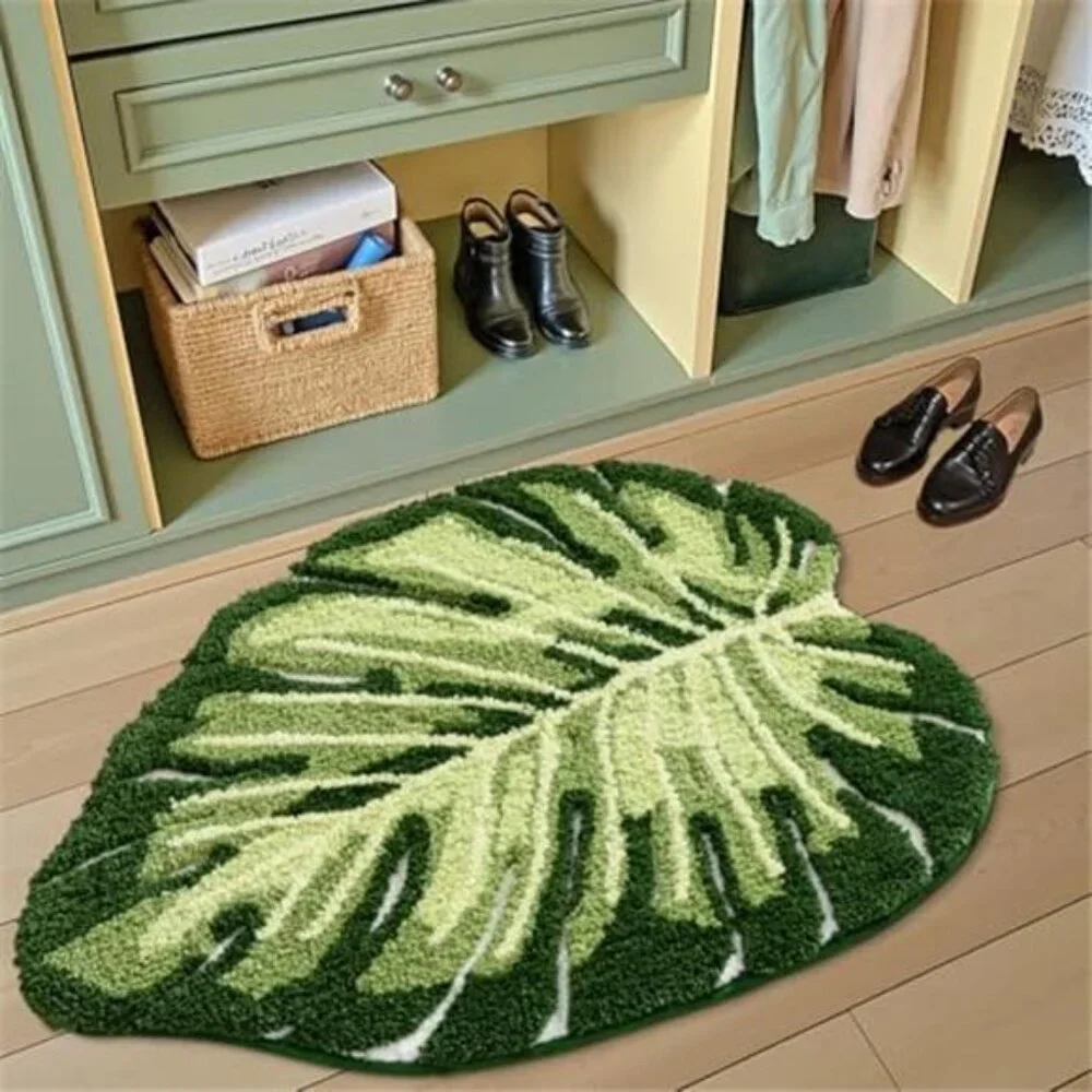 Monstera Leaf Bathroom Rug Plush Absorbent Non Slip Bath Mat 24x32 Green